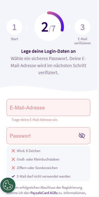 Registrierung mit Paysafecard